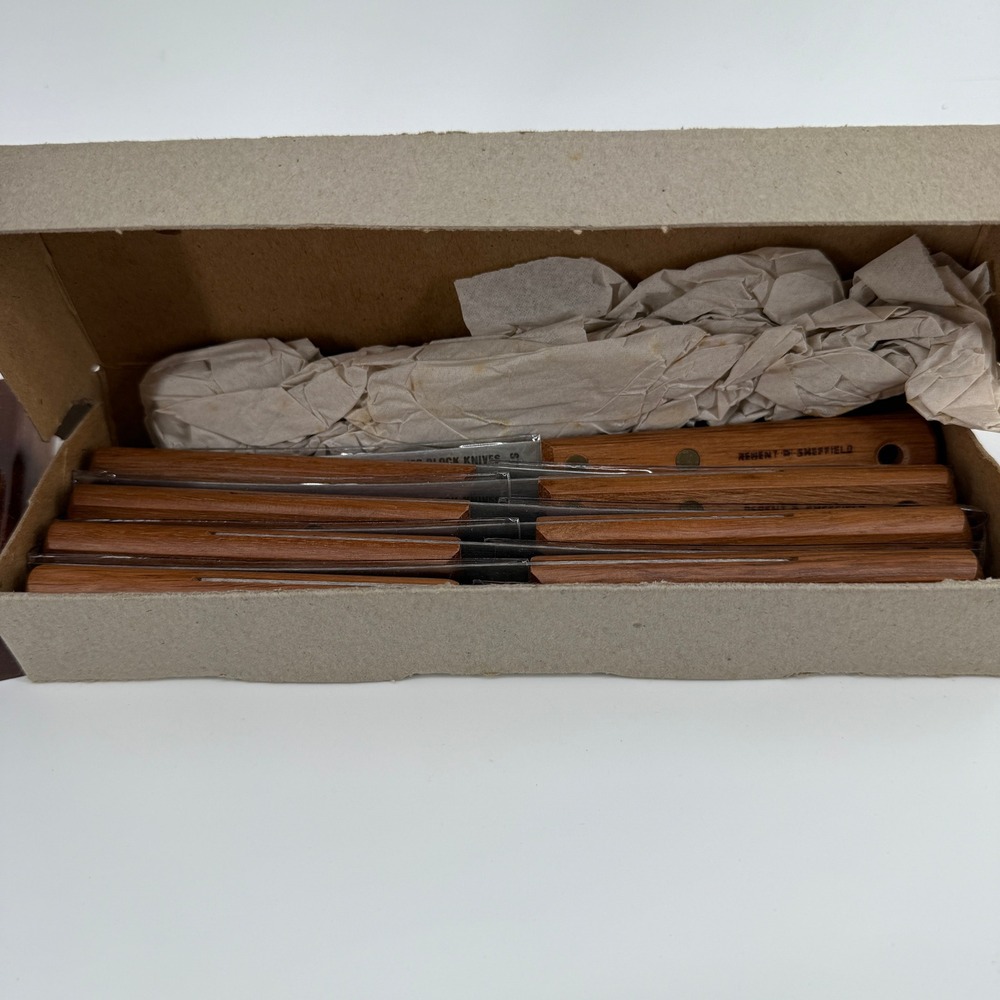Vintage Regent Sheffield Butcher Block 9-pc Steak Knife Set w/ Wooden Holder NOS - Picture 7 of 9